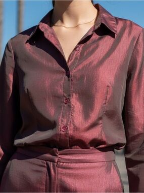 Shimmering Rose-Mauve Satin Button-Front Blouse